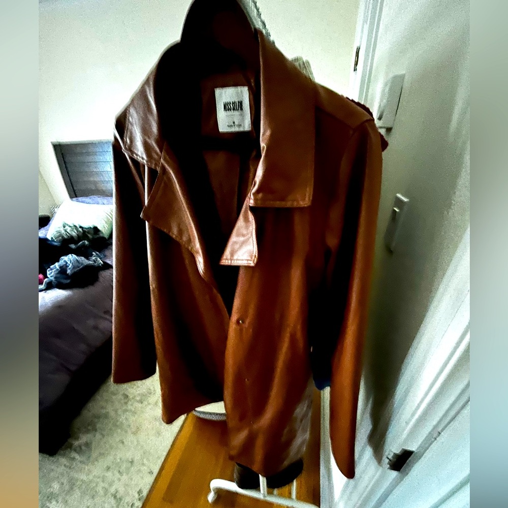 women’s brown faux leather trench in medium